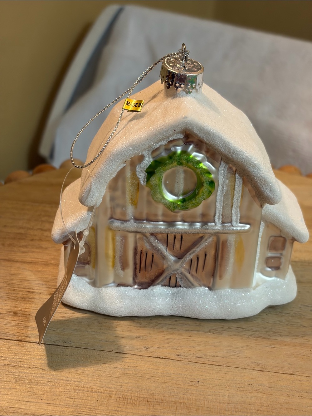 Glass Snow-Covered Barn Ornament with Green Wreath - Unbranded